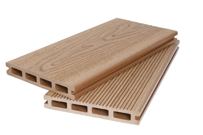 Террасная доска двухсторонняя пустотелая (20*140*5800 мм) ВЕЛЬВЕТ+3D WOOD, PG, коллекция DENPASAR, ДПК, цвет: песочный, светло-серый.